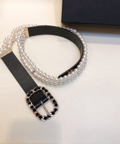 1:1 Replica Chanel Belt In Black Imitation Pearls With Gold-Toned Square Metal and Strass Women Belt
