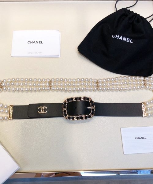 1:1 Replica Chanel Belt In Black Imitation Pearls With Gold-Toned Square Metal and Strass Women Belt