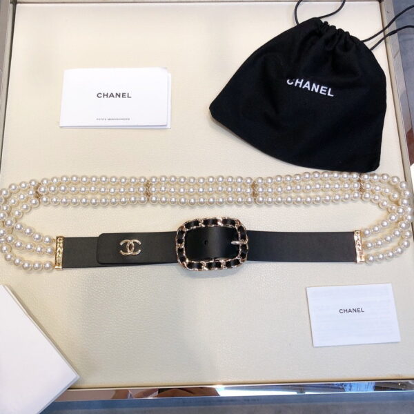 1:1 Replica Chanel Belt In Black Imitation Pearls With Gold-Toned Square Metal and Strass Women Belt