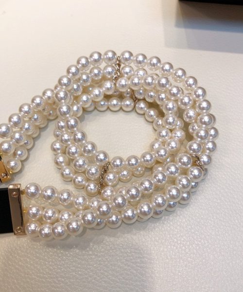 1:1 Replica Chanel Belt In Black Imitation Pearls With Gold-Toned Square Metal and Strass Women Belt