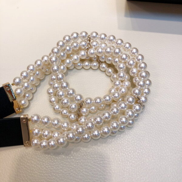 1:1 Replica Chanel Belt In Black Imitation Pearls With Gold-Toned Square Metal and Strass Women Belt