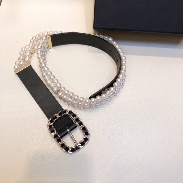1:1 Replica Chanel Belt In Black Imitation Pearls With Gold-Toned Square Metal and Strass Women Belt