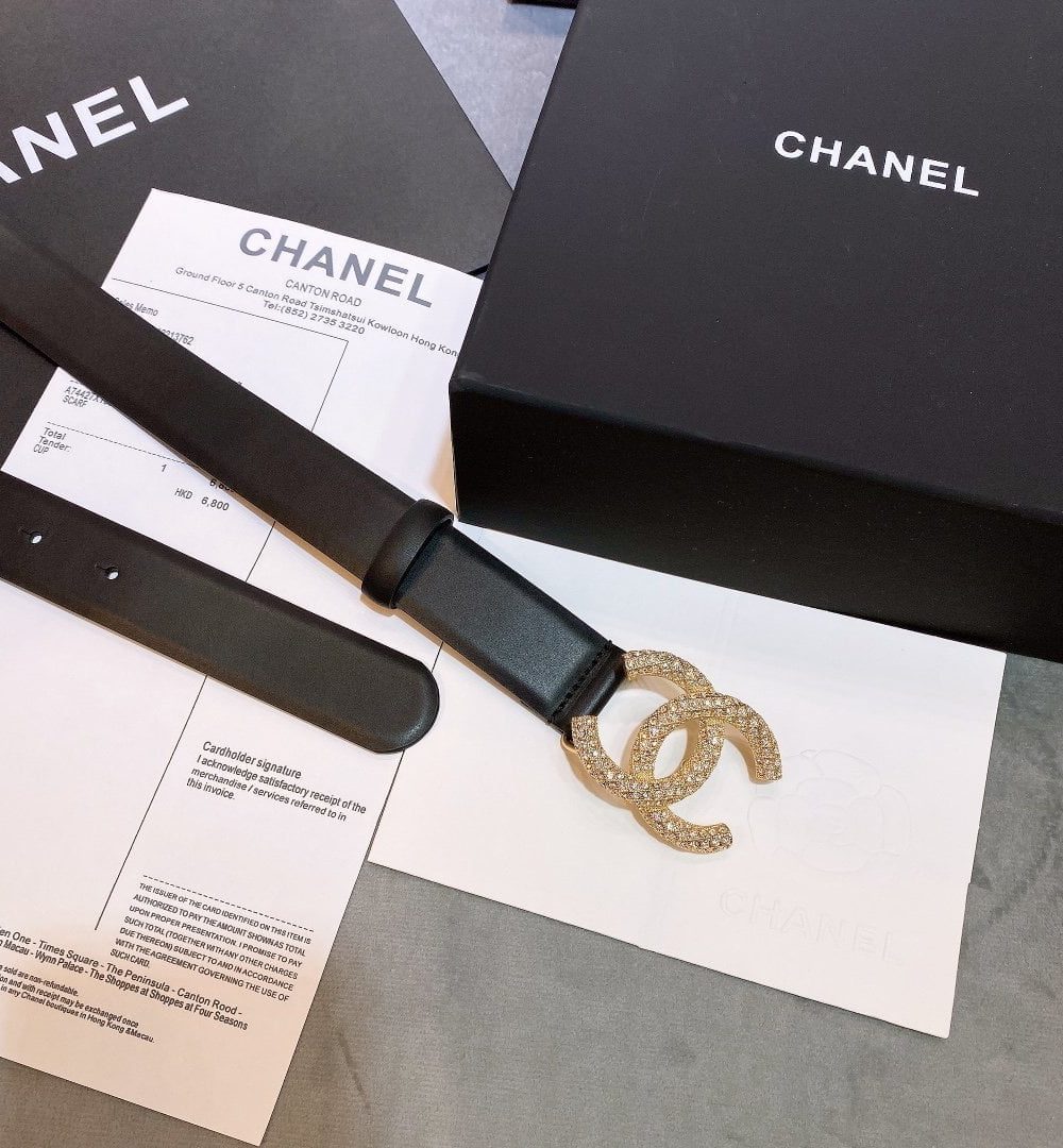 1:1 Replica Chanel Belt With Beaded Buckle Black Gold-Toned Metal and Strass Women Belt