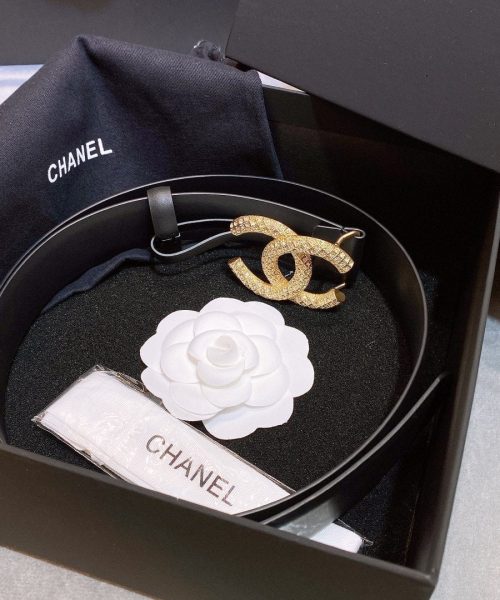 1:1 Replica Chanel Belt With Beaded Buckle Black Gold-Toned Metal and Strass Women Belt