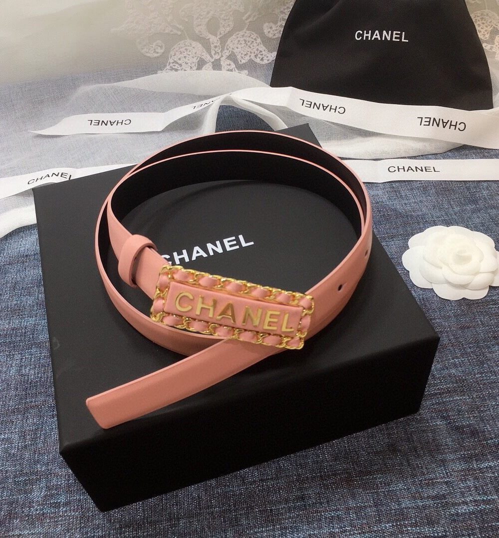 1:1 Replica Chanel Belt With Chanel Signature Light Pink with Gold-Toned Metal Hardware Women Belt