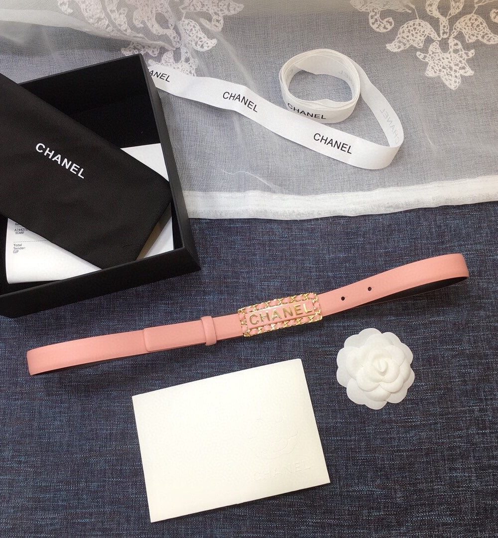 1:1 Replica Chanel Belt With Chanel Signature Light Pink with Gold-Toned Metal Hardware Women Belt
