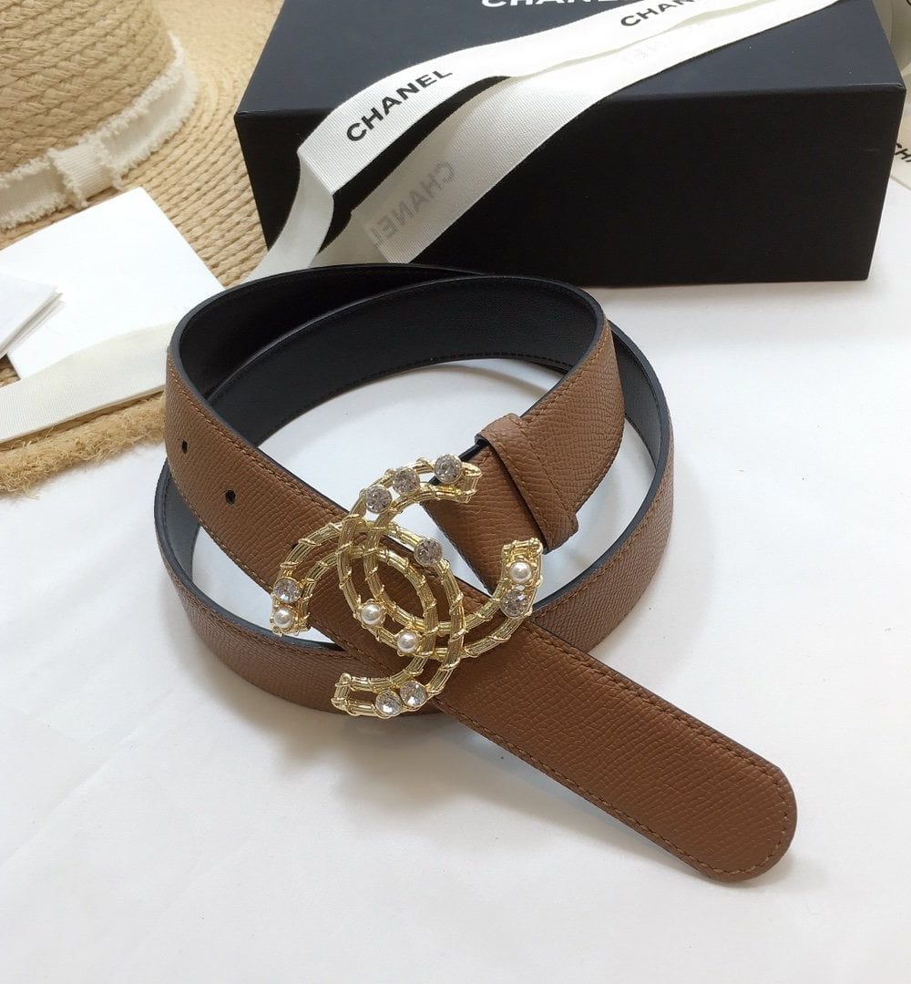 1:1 Replica Chanel Belt With Double C Buckle Brown Gold Chanel Logo Hardware Women Belt