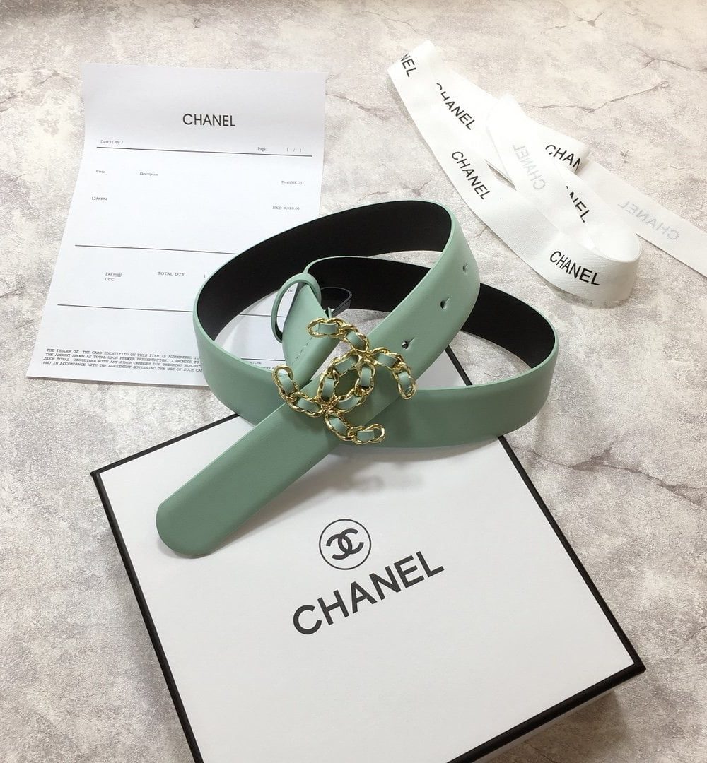 1:1 Replica Chanel Belt With Double C Buckle Jade Green with Mini Gold mix Jade Green Hardware Women Belt