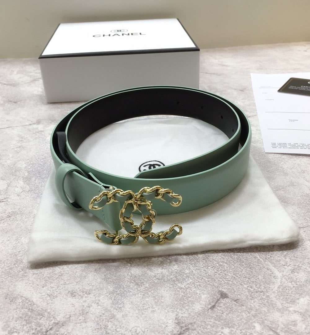 1:1 Replica Chanel Belt With Double C Buckle Jade Green with Mini Gold mix Jade Green Hardware Women Belt