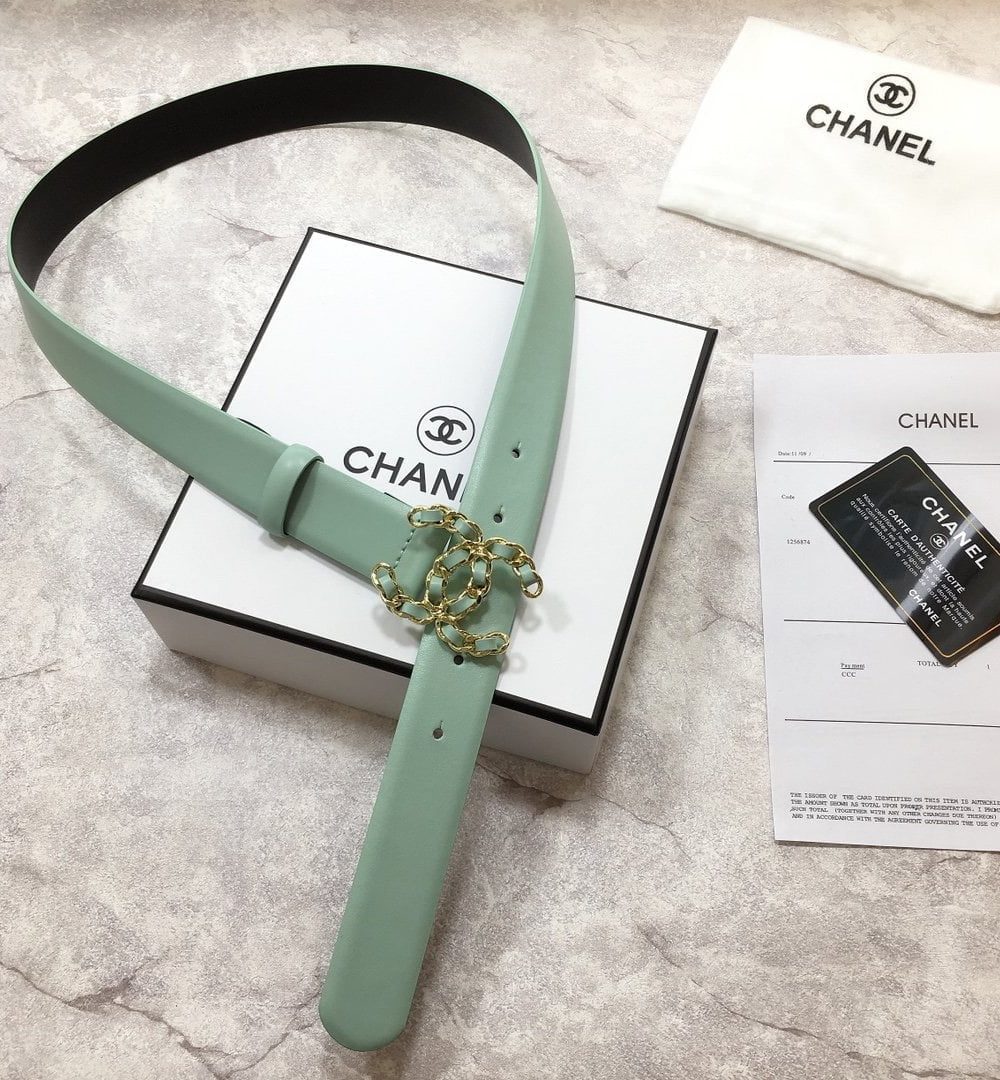 1:1 Replica Chanel Belt With Double C Buckle Jade Green with Mini Gold mix Jade Green Hardware Women Belt