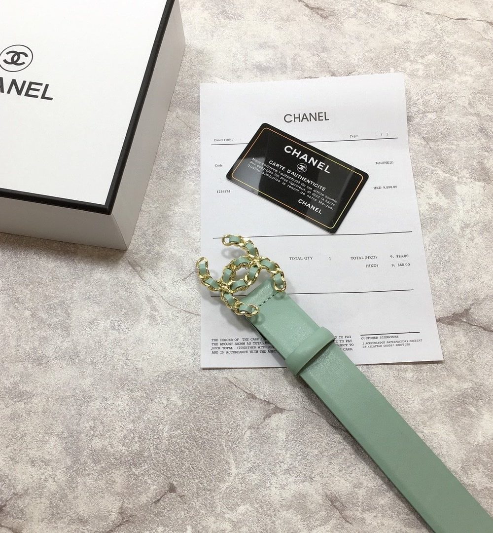 1:1 Replica Chanel Belt With Double C Buckle Jade Green with Mini Gold mix Jade Green Hardware Women Belt