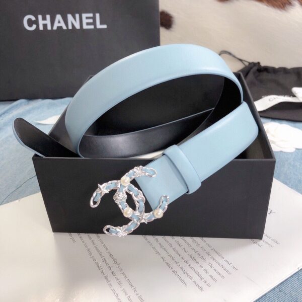 1:1 Replica Chanel Belt With Double C Buckle Light Blue Silver Toned Hardware Women Belt