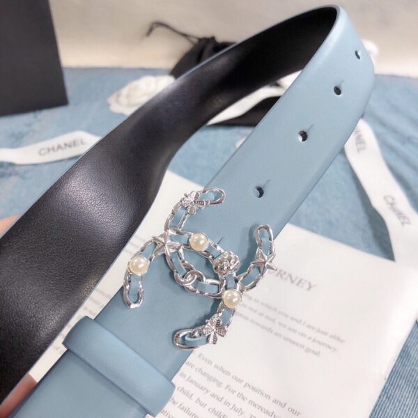 1:1 Replica Chanel Belt With Double C Buckle Light Blue Silver Toned Hardware Women Belt