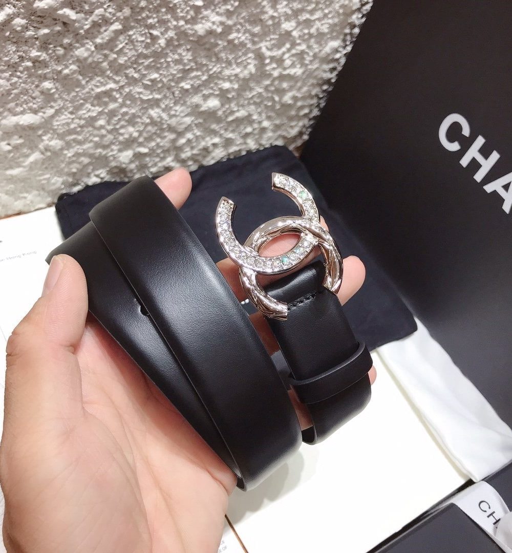 1:1 Replica Chanel Black Belt With Double C Buckle Silver-Toned Metal Women Belt