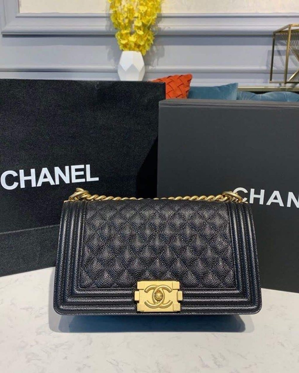 [REP 1:1] Chanel Boy Handbag Gold Toned Hardware Black For Women, Women's Bags, Shoulder And Crossbody Bags 9.8in/25cm A67086