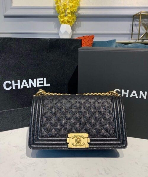 [REP 1:1] Chanel Boy Handbag Gold Toned Hardware Black For Women, Women's Bags, Shoulder And Crossbody Bags 9.8in/25cm A67086