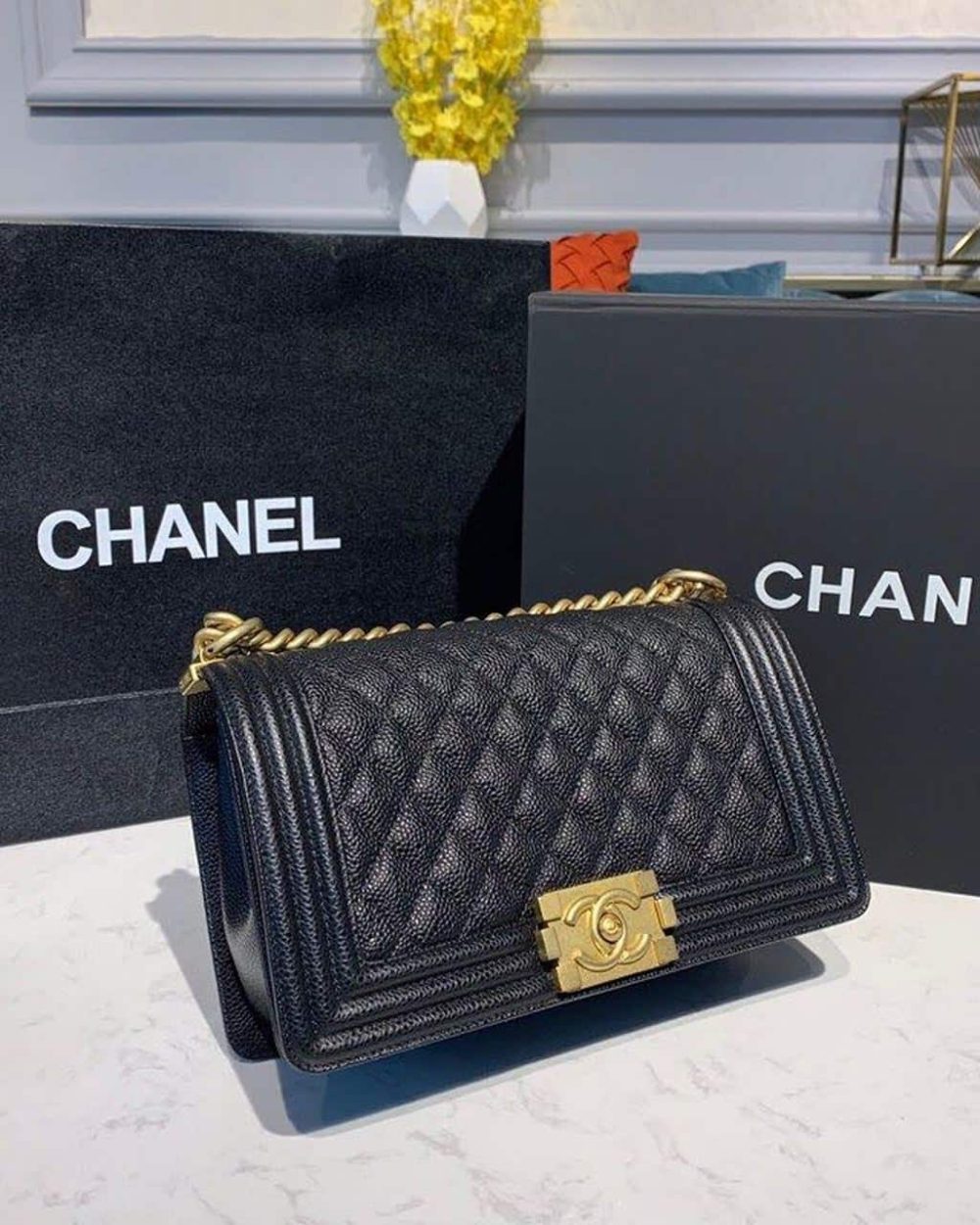 [REP 1:1] Chanel Boy Handbag Gold Toned Hardware Black For Women, Women's Bags, Shoulder And Crossbody Bags 9.8in/25cm A67086