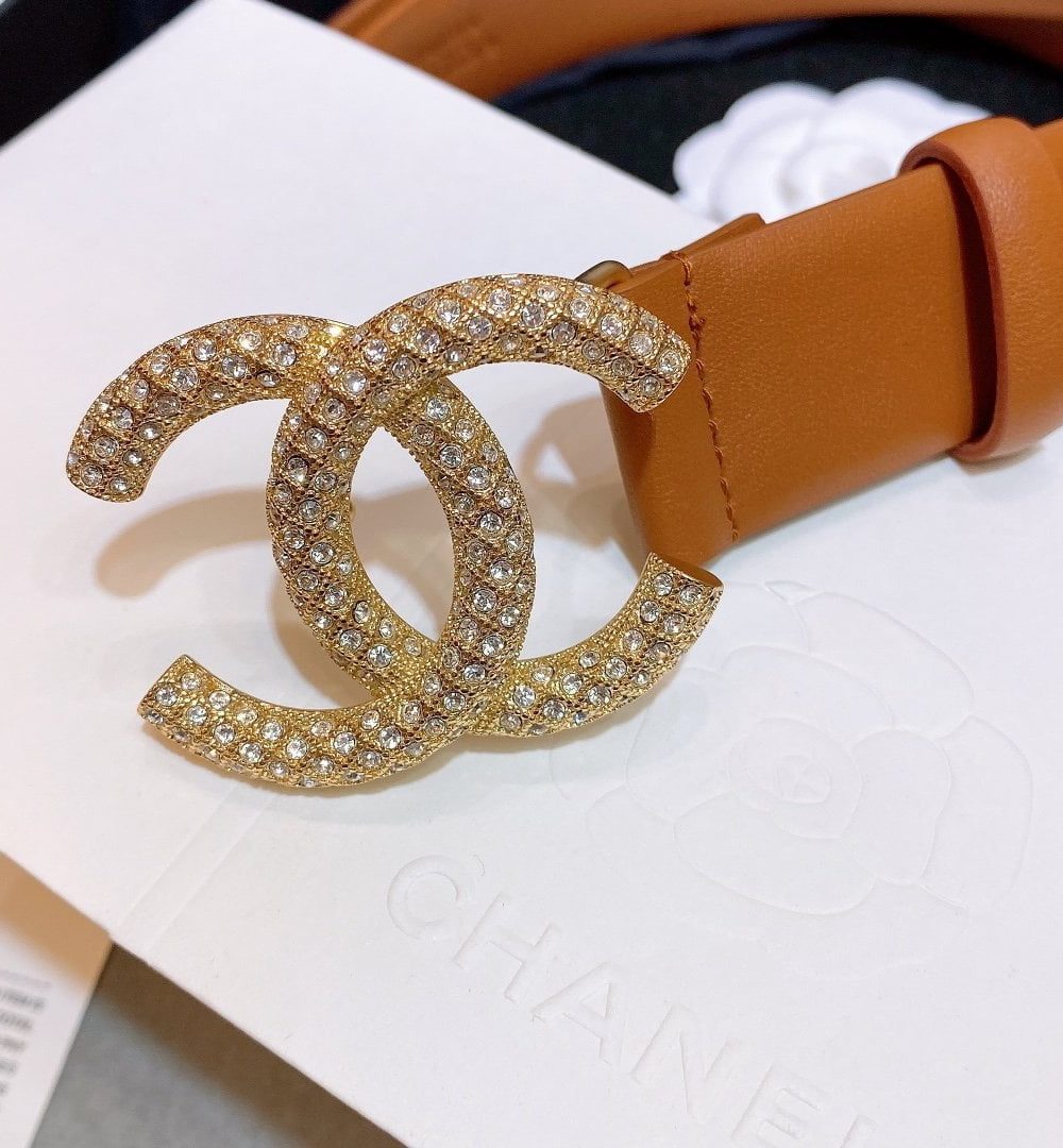 1:1 Replica Chanel Brown Belt With Double C Buckle Gold-Toned and Strass Metal Women Belt