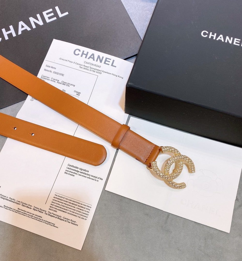 1:1 Replica Chanel Brown Belt With Double C Buckle Gold-Toned and Strass Metal Women Belt