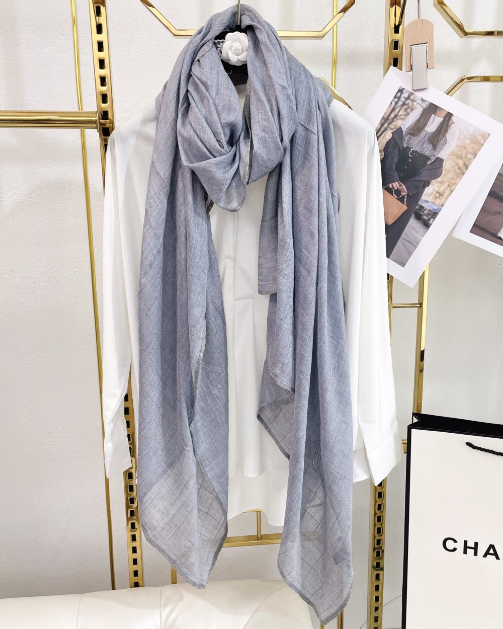 Chanel Cashmere Silk Rectangle Light Blue Scarf Large 200cm/78in 