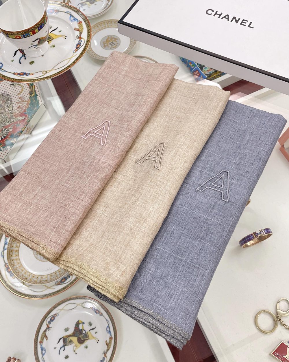 Chanel Cashmere Silk Rectangle Light Blue Scarf Large 200cm/78in 