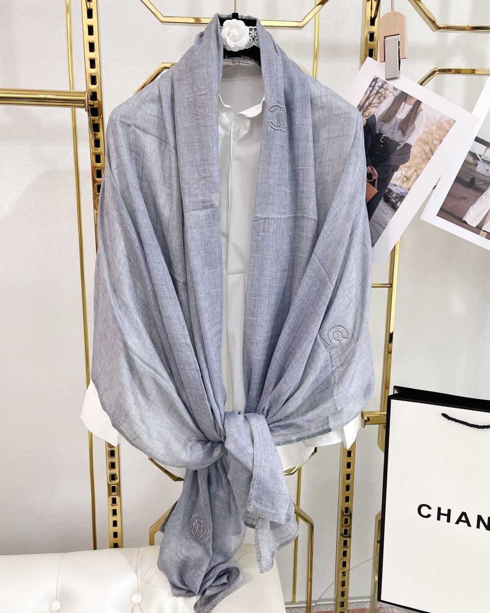 Chanel Cashmere Silk Rectangle Light Blue Scarf Large 200cm/78in 