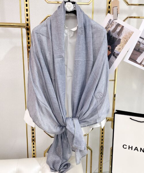 Chanel Cashmere Silk Rectangle Light Blue Scarf Large 200cm/78in