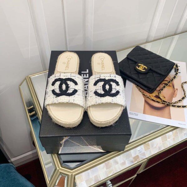 Chanel CC Mule Espadrille Sandals Tweed Beige/Black For Women, Women's Shoes