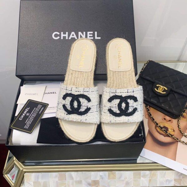 Chanel CC Mule Espadrille Sandals Tweed Beige/Black For Women, Women's Shoes
