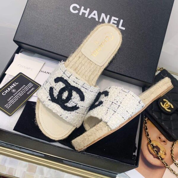 Chanel CC Mule Espadrille Sandals Tweed Beige/Black For Women, Women's Shoes
