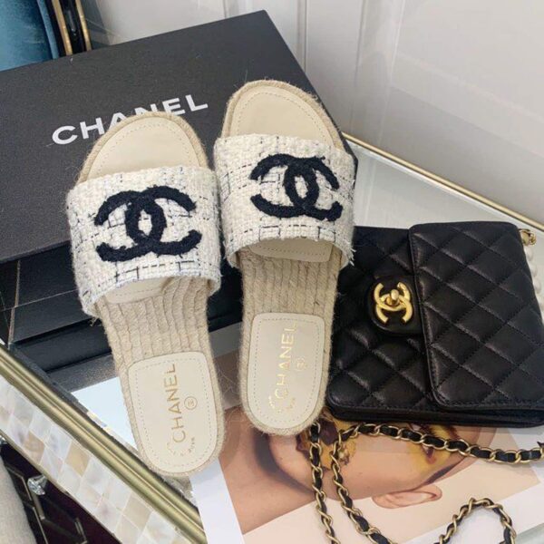 Chanel CC Mule Espadrille Sandals Tweed Beige/Black For Women, Women's Shoes
