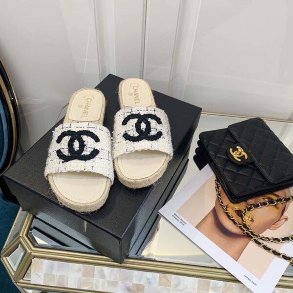 Chanel CC Mule Espadrille Sandals Tweed Beige/Black For Women, Women's Shoes