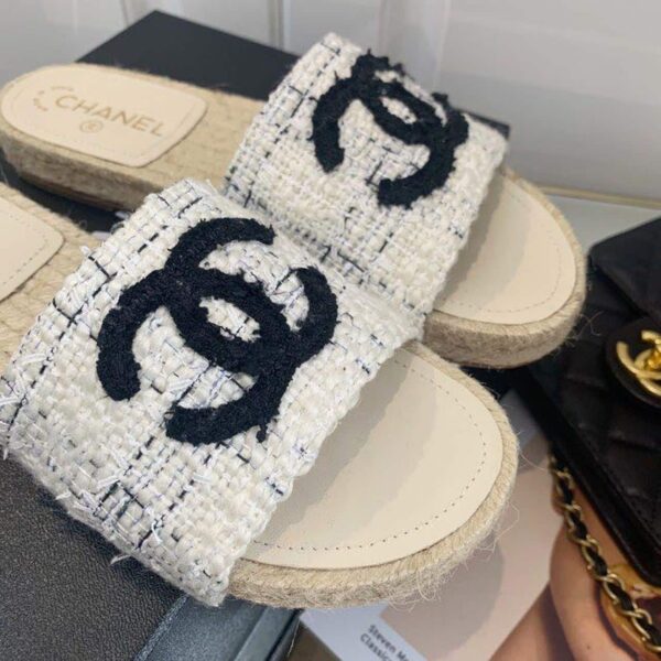 Chanel CC Mule Espadrille Sandals Tweed Beige/Black For Women, Women's Shoes