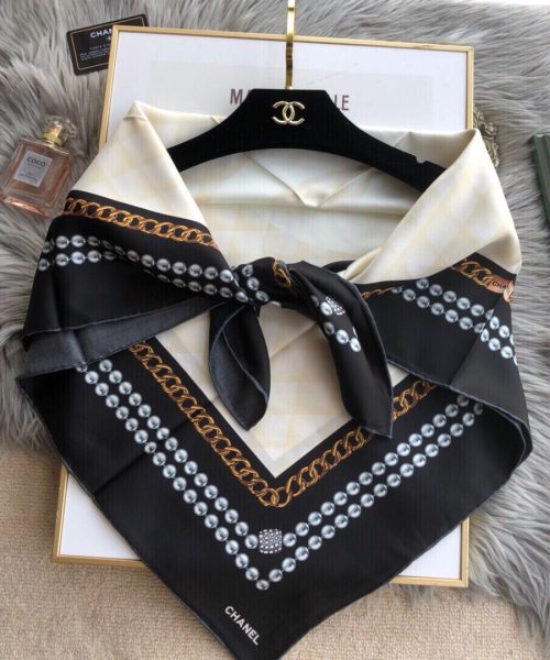 Chanel CC Pattern in Beige Black Border Square Scarf 110cm/43in 