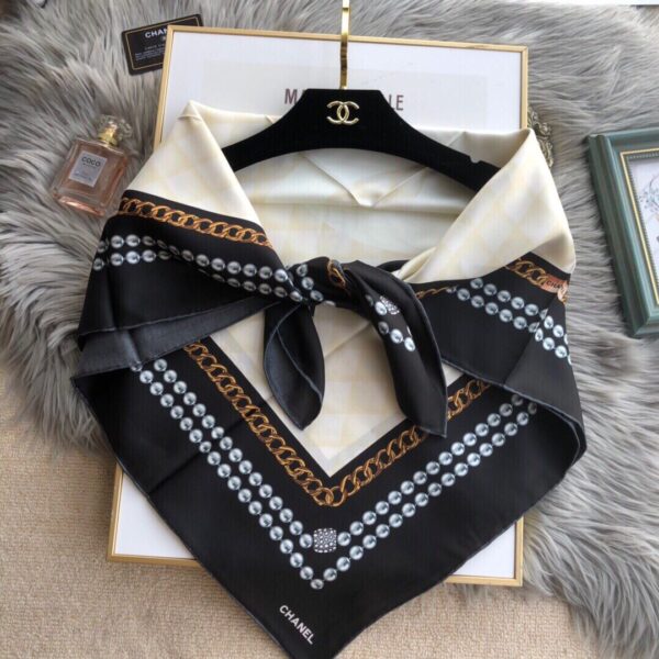 Chanel CC Pattern in Beige Black Border Square Scarf 110cm/43in