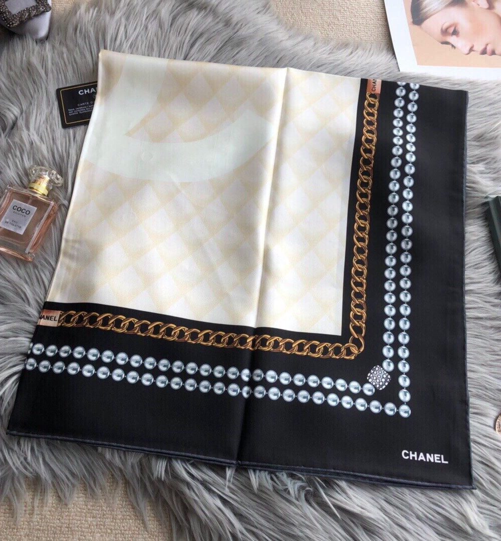 Chanel CC Pattern in Beige Black Border Square Scarf 110cm/43in 