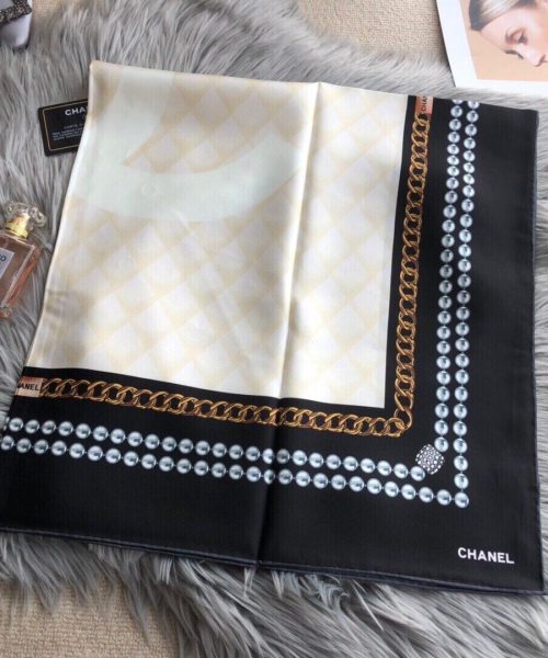 Chanel CC Pattern in Beige Black Border Square Scarf 110cm/43in 