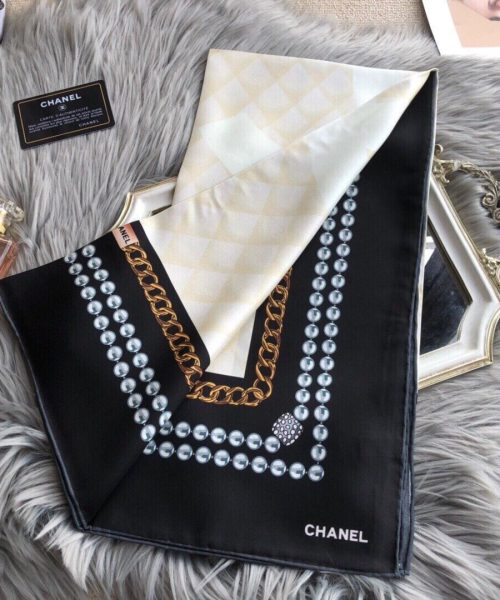 Chanel CC Pattern in Beige Black Border Square Scarf 110cm/43in 