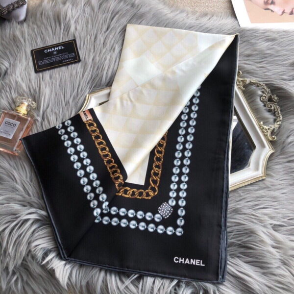 Chanel CC Pattern in Beige Black Border Square Scarf 110cm/43in