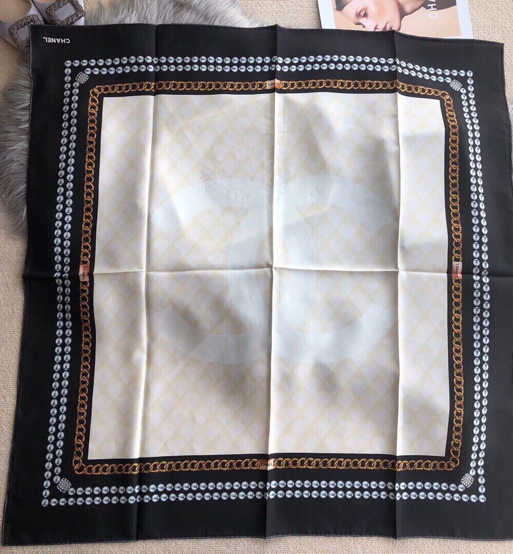 Chanel CC Pattern in Beige Black Border Square Scarf 110cm/43in 