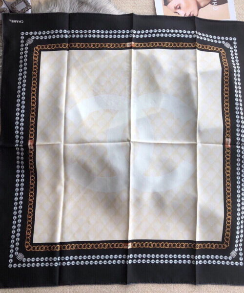 Chanel CC Pattern in Beige Black Border Square Scarf 110cm/43in