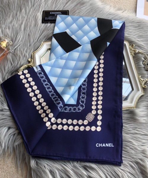 Chanel CC Pattern in Blue Black Border Square Scarf 110cm/43in 