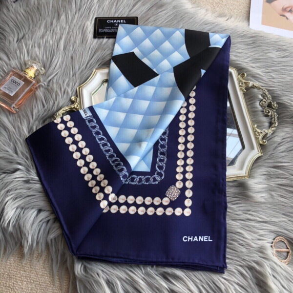 Chanel CC Pattern in Blue Black Border Square Scarf 110cm/43in