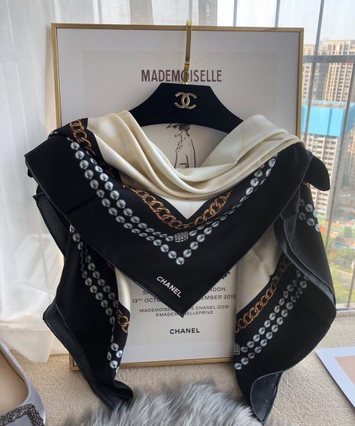Chanel CC Pattern in Blue Black Border Square Scarf 110cm/43in 
