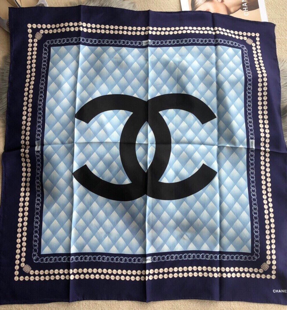 Chanel CC Pattern in Blue Black Border Square Scarf 110cm/43in 