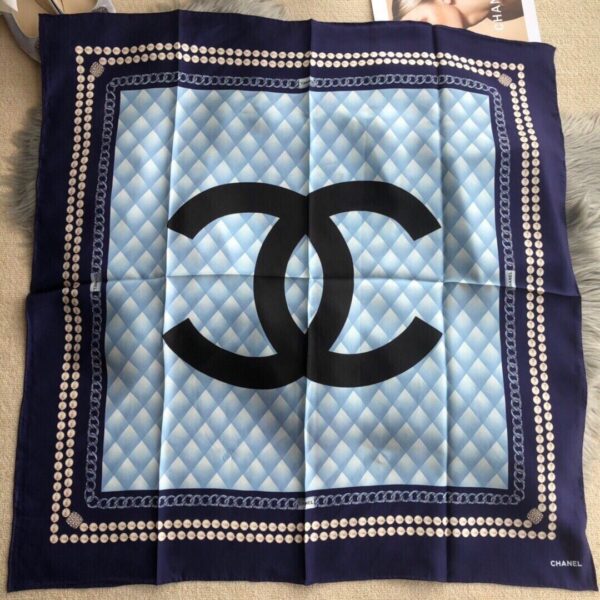 Chanel CC Pattern in Blue Black Border Square Scarf 110cm/43in