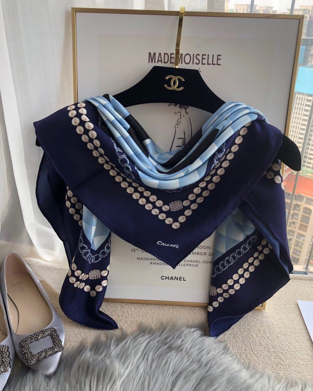 Chanel CC Pattern in Blue Black Border Square Scarf 110cm/43in 