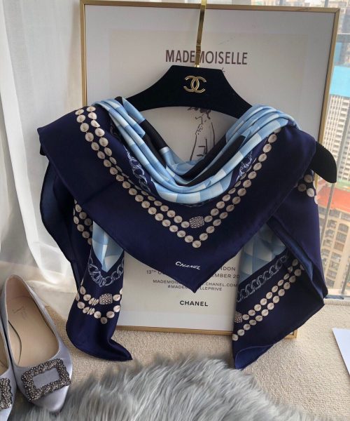 Chanel CC Pattern in Blue Black Border Square Scarf 110cm/43in 