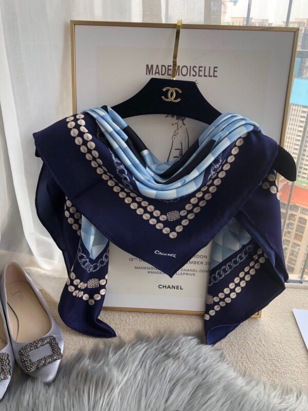 Chanel CC Pattern in Blue Black Border Square Scarf 110cm/43in