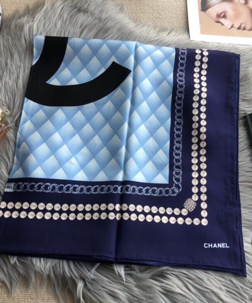 Chanel CC Pattern in Blue Black Border Square Scarf 110cm/43in 